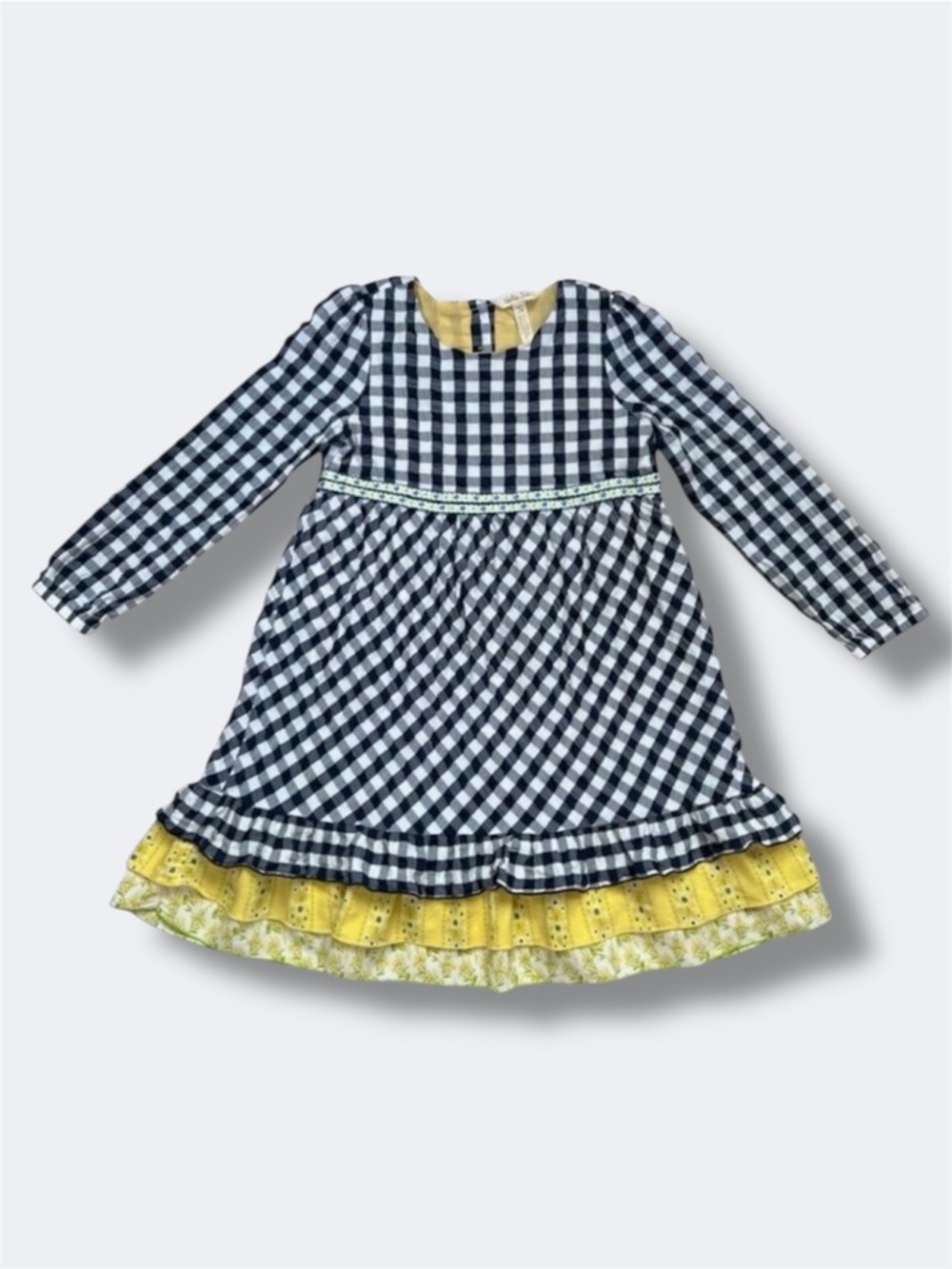 Matilda Jane Dress Girls 8 Navy Gingham Floral Long Sleeve Ruffle Cottagecore